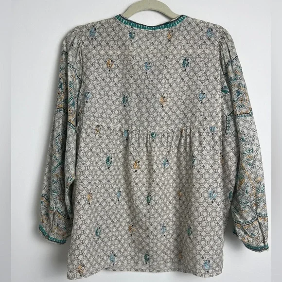 Lucky Brand Large Evelyn Embroidered Peasant Bohemian Tassel Balloon Sleeve Top - Picture 5 of 12